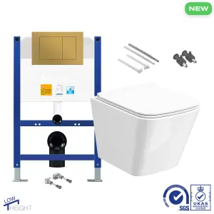 Bubly Bathrooms™ Square Rimless Wall Hung Toilet & 0.74m Low Height Concealed Cistern Frame - Brushed Brass Plate