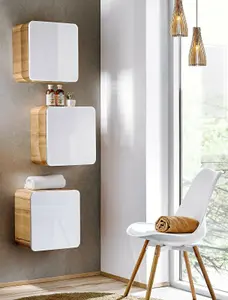 Bathroom Wall Cabinet Cube Unit x 3 Floating Storage Shelf Designer White Gloss Oak Arub