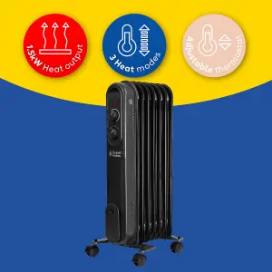 Russell Hobbs Electric Heater 1500W Black 7 Fin Oil Filled Radiator with 2 Year Guarantee RHOFR7004B