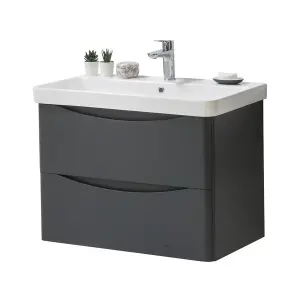 Bathroom Wall Mounted 2-Drawer Vanity Unit with Basin 800mm Wide - Matt Graphite - (Arch) - Brassware Not Included