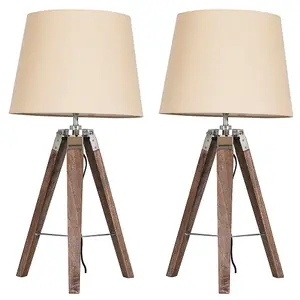 ValueLights Clipper Pair of Distressed Wood and Silver Chrome Tripod Table Lamps with Beige Light Shades