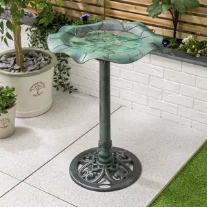 Garden Bird Bath Resin Leaf Birdbath With Rustic Metal Effect H60cm Green Christow