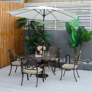 Outsunny 4 Seater Outdoor Dining Set With Cushions Parasol Hole Cast Aluminium - Brown | Robert Dyas