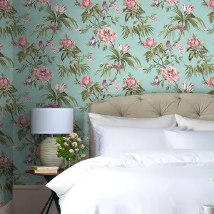 Next Birds & blooms Duck egg Floral Smooth Wallpaper