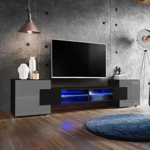 Bridge Wide TV Unit with Storage & Led Lighting - Grey Gloss / Black Matt