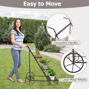 Costway 3-Tier Metal Plant Stand Ladder Shaped Flower Pot Holder w/ Wheels