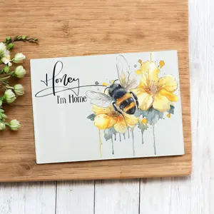 Bee & Flower Small Glass Chopping Board - Worktop Protector Honey I'm Home