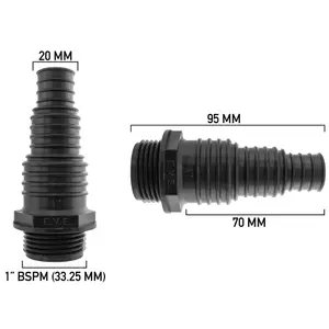 male multi-step hosetail for pond pumps/filters fits 20-25-32mm pipe,1" bsp male thread  measures 33.3mm across