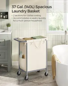 SONGMICS Mobile Laundry Trolley, 2-Section Hamper, Removable Inner Bag, Ample Storage, Cream White