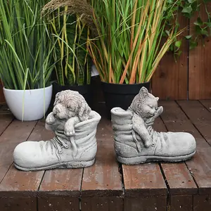 Super cute Pair of Stone cast Cat and Dog in Shoes