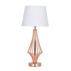 ValueLights Jaspa Copper Metal Wire Geometric Diamond Design Table Lamp with White Tapered Shade with 6w LED GLS Bulb