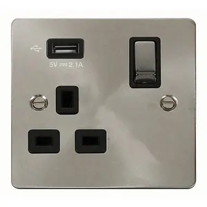 Flat Plate Satin / Brushed Chrome 1 Gang 13A DP Ingot 1 USB Switched Plug Socket - Black Trim - SE Home