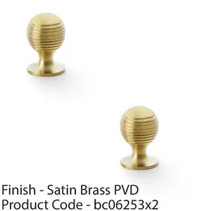 2 PACK - Reeded Ball Door Knob - 25mm Diameter Satin Brass Lined Cupboard Pull Handle