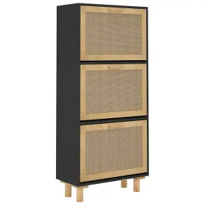 Shoe Cabinet Black 52x25x115 cm Engineered Wood&Natural Rattan