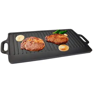 Plate Pan Double Sided for BBQ & Hob Cooking - Size 50 x 23 cm - X-Large Non-Stick Cast Iron Reversible - two Curved Portable