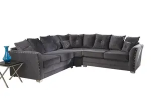 Elland Plush Velvet Grey Corner Sofa Scatterback 2c2