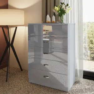 Grey Gloss 5 Drawer Chest Of Drawers Bedroom Furniture