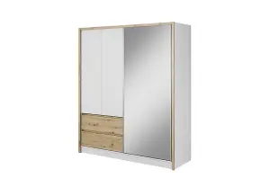 Sara Mirrored Wardrobe with Drawers in White and Oak Artisan W1840mm x H2140mm x D620mm