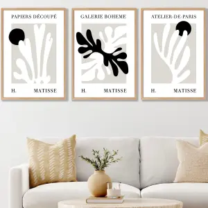 Set of 3 Framed Matisse Floral Cut Out Style in Black & Beige / 50x70cm / Oak