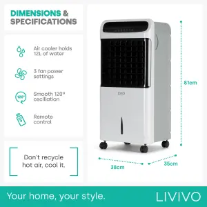 LIVIVO Oscillating Air Cooler & Humidifier: 3-Speed, 12L Tank, LED Display