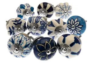 MangoTreeKnobs -  Mixed Set of Blue and White Ceramic Cupboard Knobs x Pack 10 (MG-203)