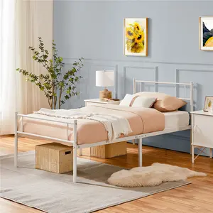 Minimalist Metal Bed Frame with Slatted Headboard White / Single (3')