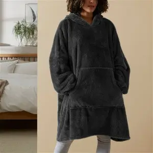 Teddy Bear Oversized Blanket Hoodie, Teddy Black, Fleece