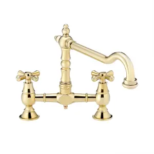 ENKI Langley Gold Traditional Bridge Crosshead Mixer Tap for Kitchen Sink