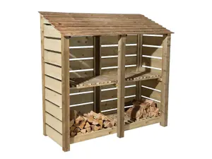 Slatted wooden log store with kindling shelf W-187cm, H-180cm, D-88cm - natural (light green) finish