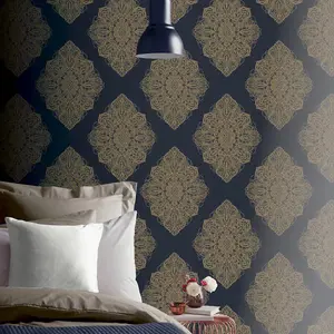 Navy Blue Gold Damask Wallpaper Metallic Shimmer Ornamental Arthouse Henna