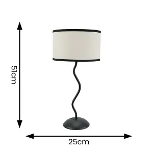 ValueLights Wiggle Black Metal Single Stem Table Lamp with Linen Black Trim Drum Lamp Shade and LED Bulb