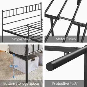 Minimalist Metal Bed Frame with Slatted Headboard Black / Kingsize (5')