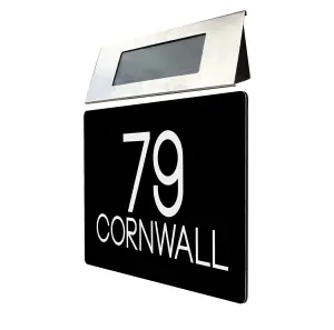 Personalised Aluminium House Plaque with Solar Light Customised with Your House Number and Street Name 160 x 280mm Black