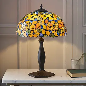 Luminosa Josette 1 Light Medium Table Lamp Dark Bronze, Tiffany Glass, E27