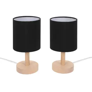 ValueLights Nelly Set of 2 - Natural Wood Base Bedside Table Lamps with Black Cylinder Fabric Lampshade for Bedroom Light