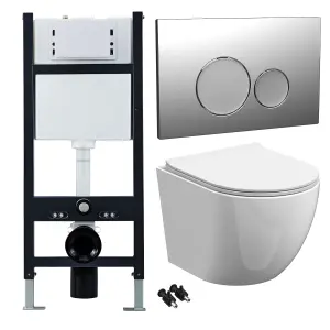 Bubly Bathrooms™ White Rimless Wall Hung Toilet Pan, Seat & 1.13m Concealed Cistern Frame - Chrome