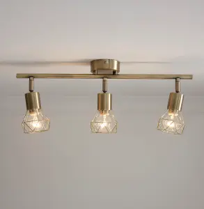 Juno Antique Brass 3lt Bar Ceiling Fitting with Brass Wired Shades