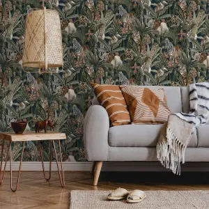 Holden Safari Animal Fusion Jungle Tiger Tropical Floral Palm Leaves Wallpaper Navy Blue 13012