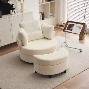 Chenille Swivel Armchair with 3 Back Cushion Pillow Ottoman Crescent Stool, Ivory 