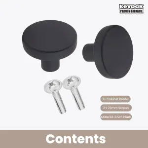 Keypak Cabinet Knob, Pack of 2, Matt Black, Aluminium Precision 30mm Classic Wardrobe Cupboard Drawer Handles