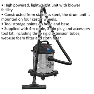 1200W Wet & Dry Vacuum Cleaner - 20L Stainless Steel Drum - Accessory Tool Kit