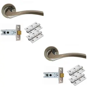 2 PACK - Door Handle & Latch Pack Set- Chrome Curved Square Lever Screwless Round Rose Kit