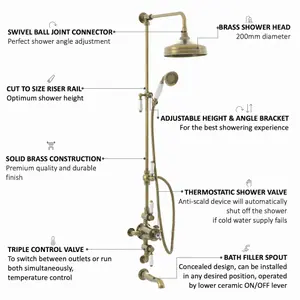 ENKI Downton Antique Brass Traditional 3-Outlet Brass Thermostatic Triple Valve Shower Set 200mm