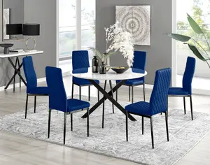 Furniturebox UK Novara White Gloss Black Leg 120cm Round Dining Table & 6 Navy Velvet Milan Black Leg Chairs