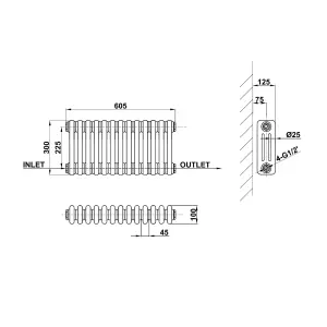 Horizontal White Triple Column Radiator (H) 300mm x (W) 605mm, 1900 BTU.