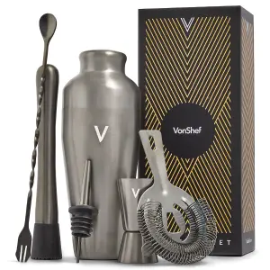 VonShef Cocktail Shaker Set Brushed Graphite - 550ml Parisian Shaker 6pc Home Bar Set with Strainer, Muddler, Jigger & Gift Box