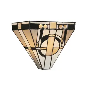 Art Deco Tiffany Glass Wall Light - Matt Black Steel - 40W E14 Golf Bulb Needed