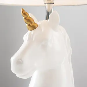 ValueLights Pair of White and Gold Ceramic Unicorn Table Lamps With White Light Shade LED Golfball Bulbs 3000K Warm White