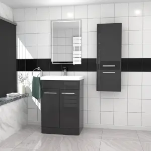 Nes Home 600mm Freestanding Dark Grey Basin Vanity & 350mm Wall Hung Cabinet