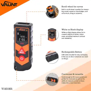 Vaunt V1501005 40m Red Beam Laser Distance Measure & Curve Measure with Scroller